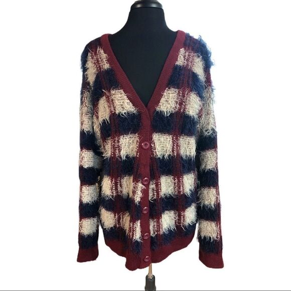 JOA Los Angeles Checked Feather Yarn Cardigan Sz L - Picture 1 of 13